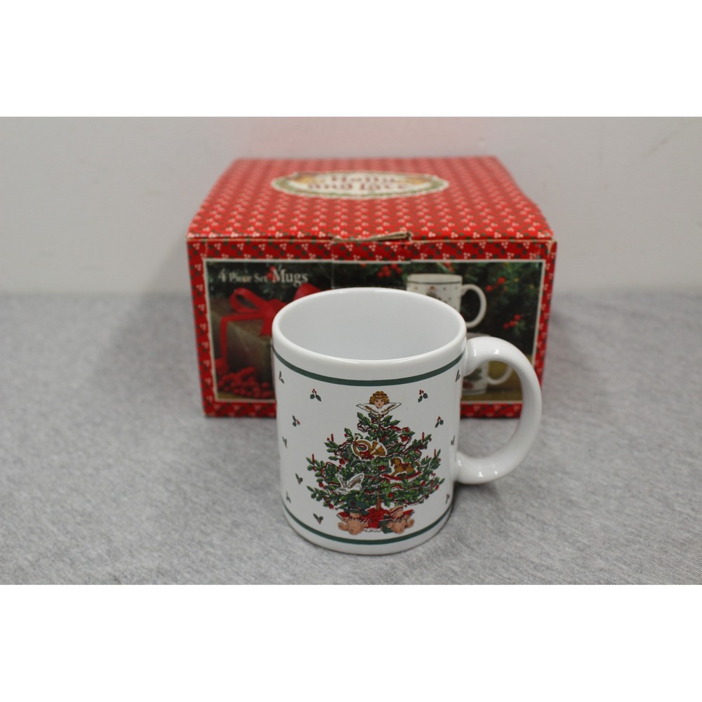 Holly and Lace 4 pc Mug Set White Christmas Tree Holly Berry Vintage Holiday